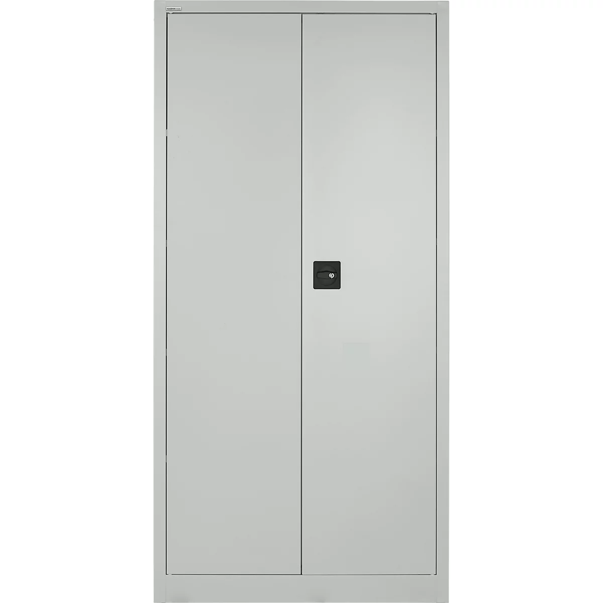 Light gray steel cabinet with two doors and a square black door handle in the middle.