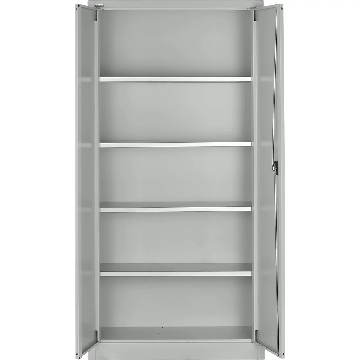 Open, gray steel cabinet, with white shelves inside.