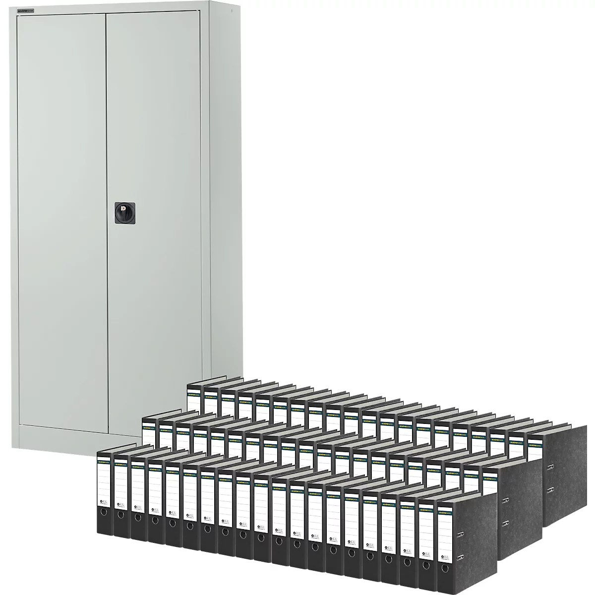 Schäfer Shop Pure Universalschrank, 5 OH, 4 Fachböden, abschließbar, Stahl, lichtgrau RAL 7035 + 60 Schäfer Shop Select Ordner