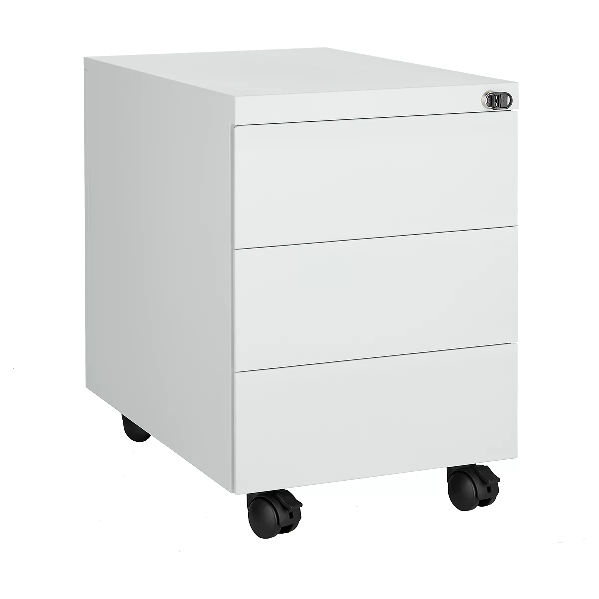 Schäfer Shop Pure verrijdbaar ladeblok, B 390 x D 590 x H 550 mm, 3 schuifladen, greepuitsparing aan de zijkant, afsluitbaar, staal lichtgrijs