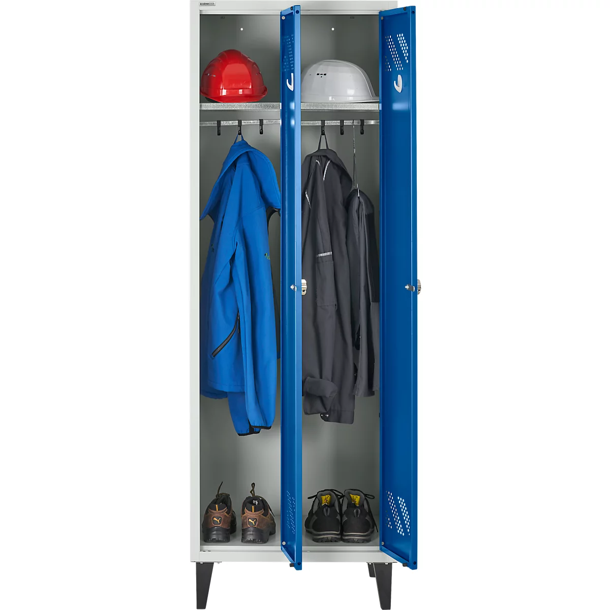 Schäfer Shop Pure Vestiaire, 2 compartiments, sur pieds, serrure à came batteuse, gris clair/bleu gentiane