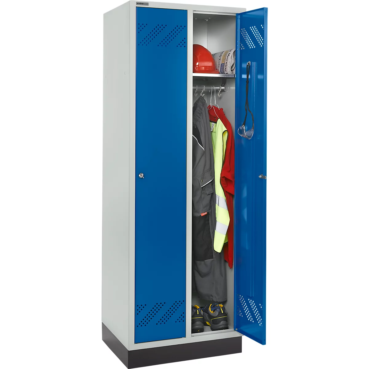 Schäfer Shop Pure Vestiaire, 2 compartiments, sur socle, serrure à cylindre, gris clair/bleu gentiane