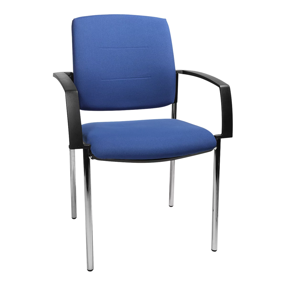 Blue office chair with black armrests and silver legs. The seat and backrest are upholstered.
