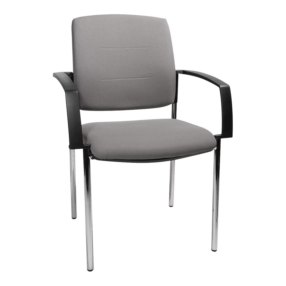 Gray chair with black armrests and chrome legs, against a white background.