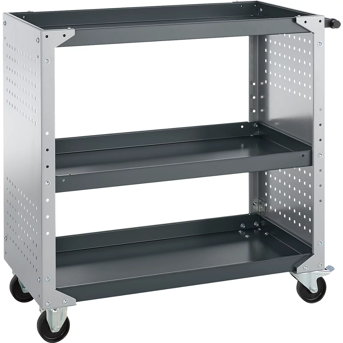 Grijze gereedschapskar met drie planken, op wielen. Geperforeerde zijkanten, antracietkleurige planken.