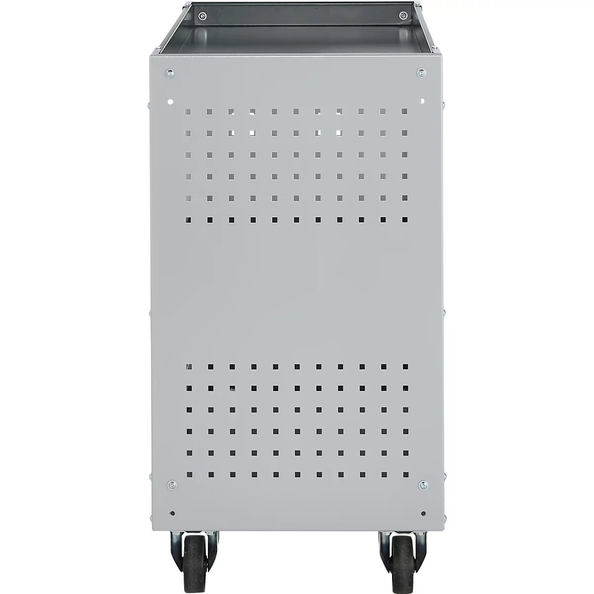 Grijze gereedschapskar met wielen, geperforeerde zijpanelen en een open bovencompartiment.