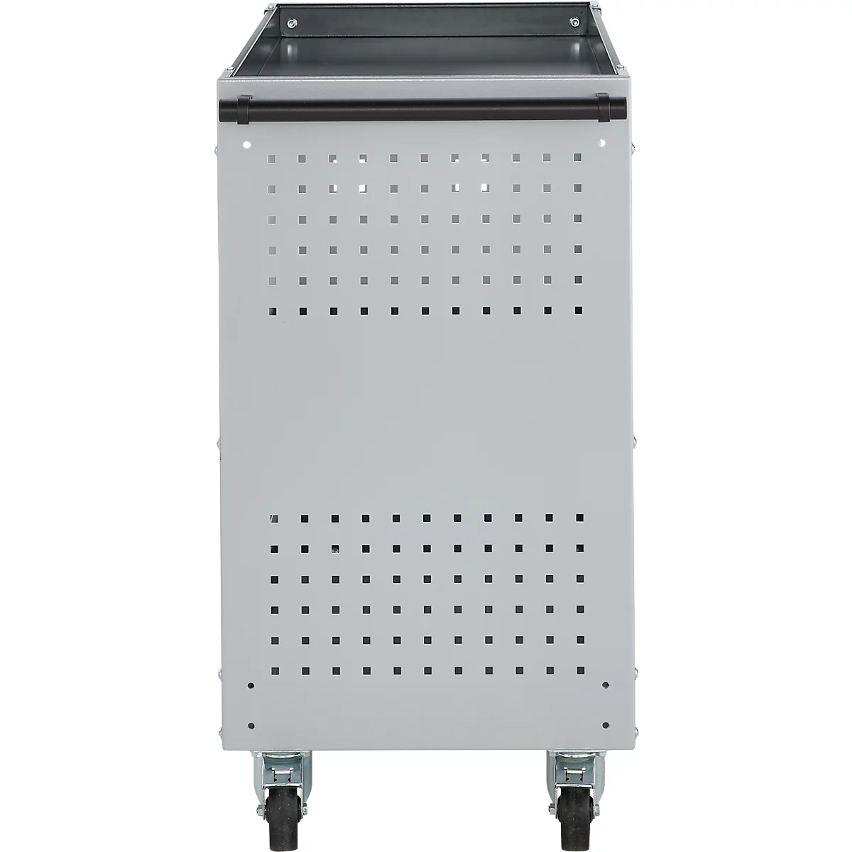 Grijze metalen kast op wielen, met gaten in de voorkant, vooraanzicht.