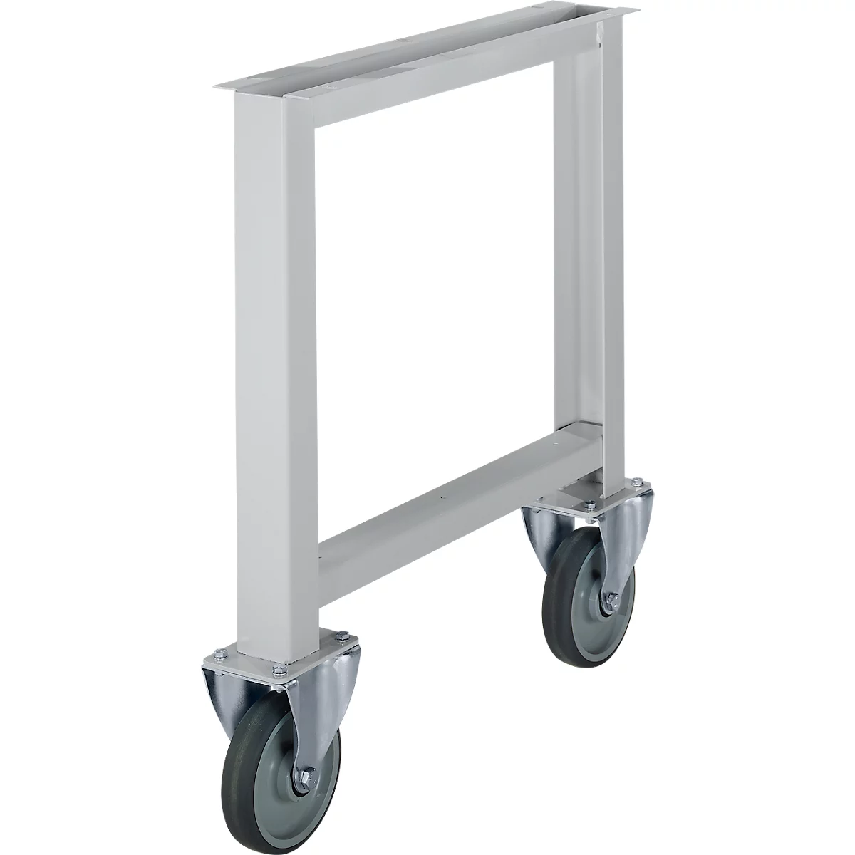 Graues Stahlgestell auf Rollen, U-förmig. Ideal für Transport und Lagerung.