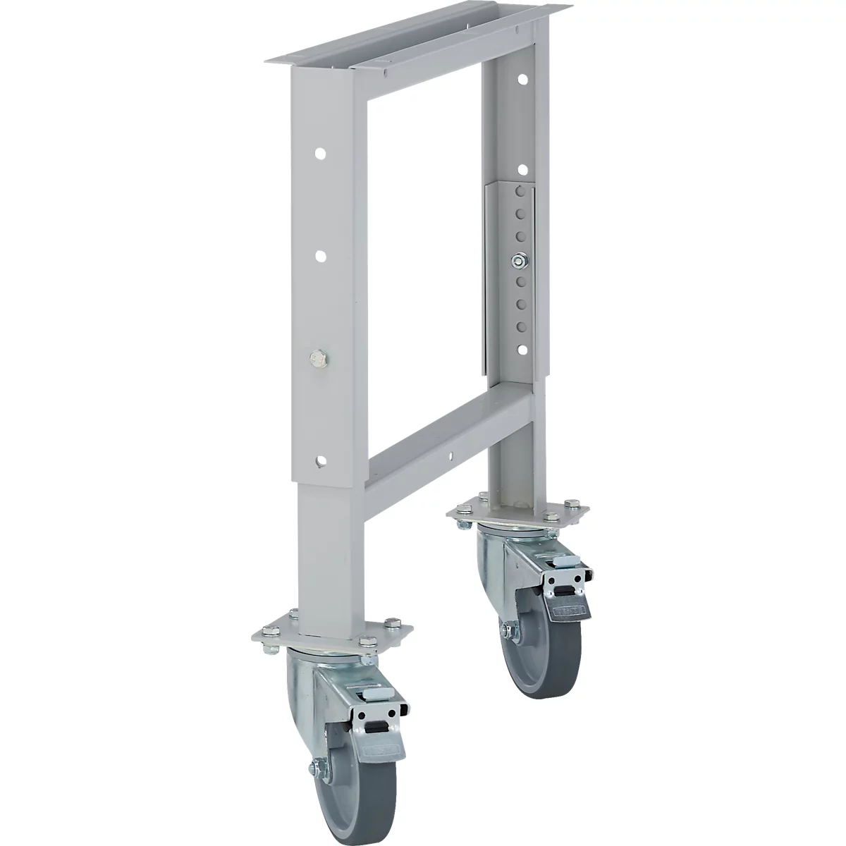 Grijs metalen frame met wielen, vrijstaand.