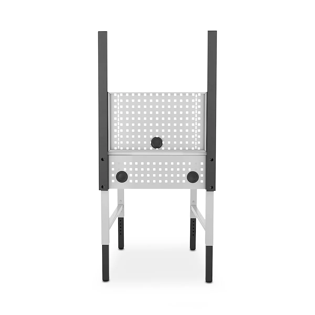 Een wit werkbankmodule met grijze steunen. Het tafelblad heeft gaten en knoppen. De poten zijn in hoogte verstelbaar.