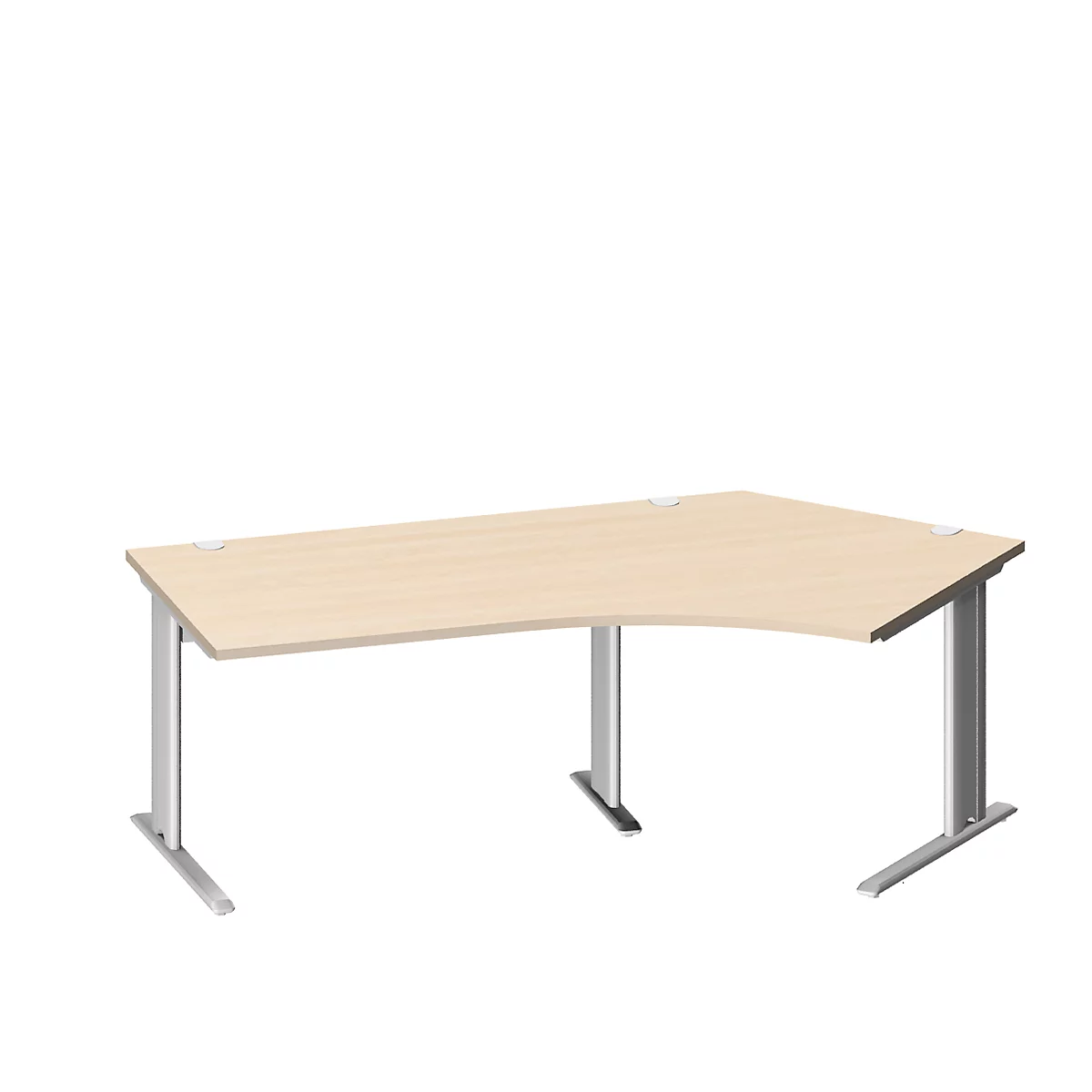 Ein Eckschreibtisch mit heller Holzplatte und silbernen Beinen, vor weißem Hintergrund.