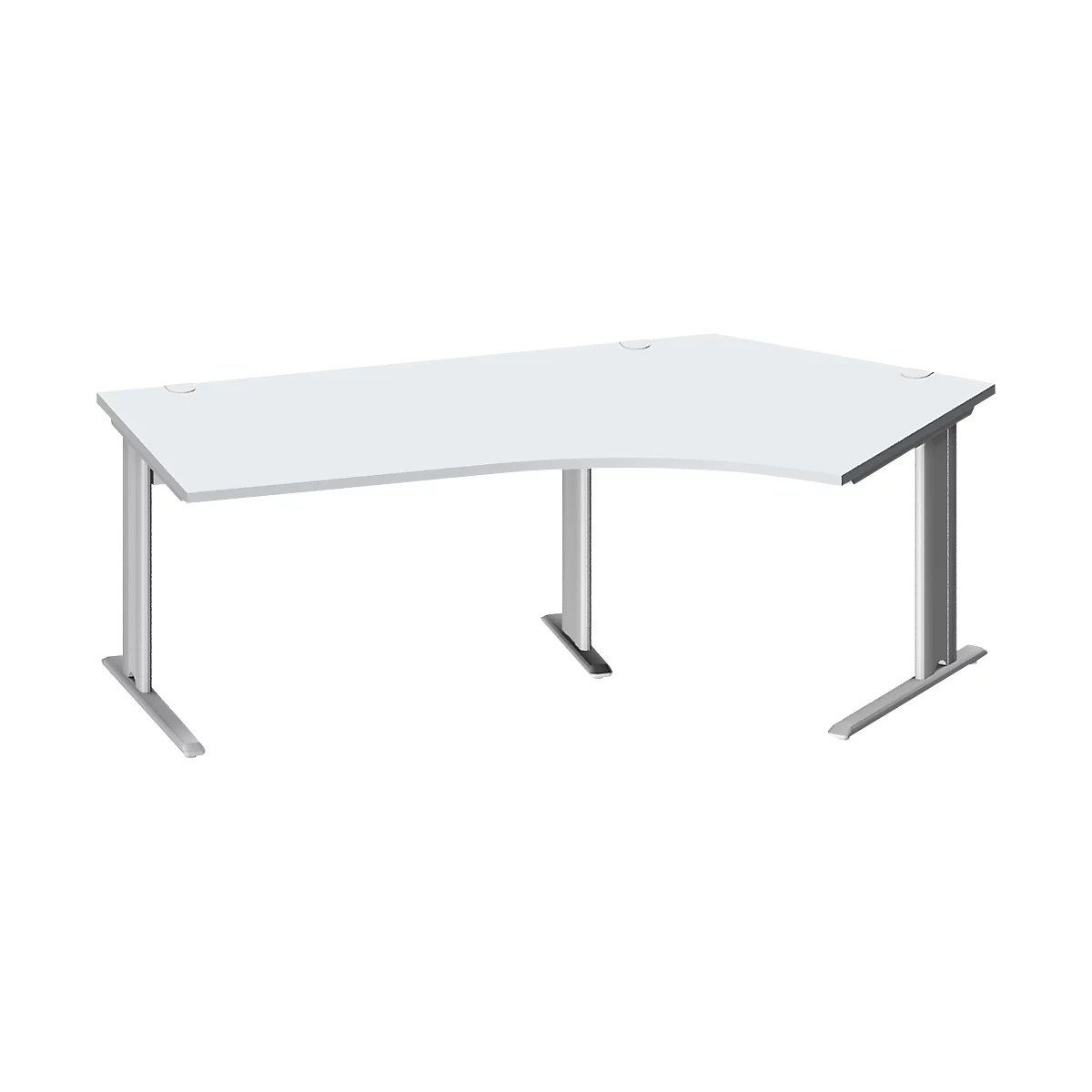Weißer Eckschreibtisch mit silbernen Beinen vor weißem Hintergrund. Auf der Tischplatte befinden sich runde Öffnungen.