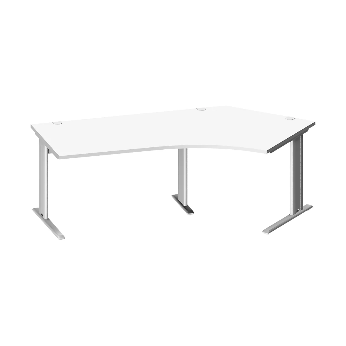 Weißes Eckschreibtisch mit silbernen Beinen, im Detail.