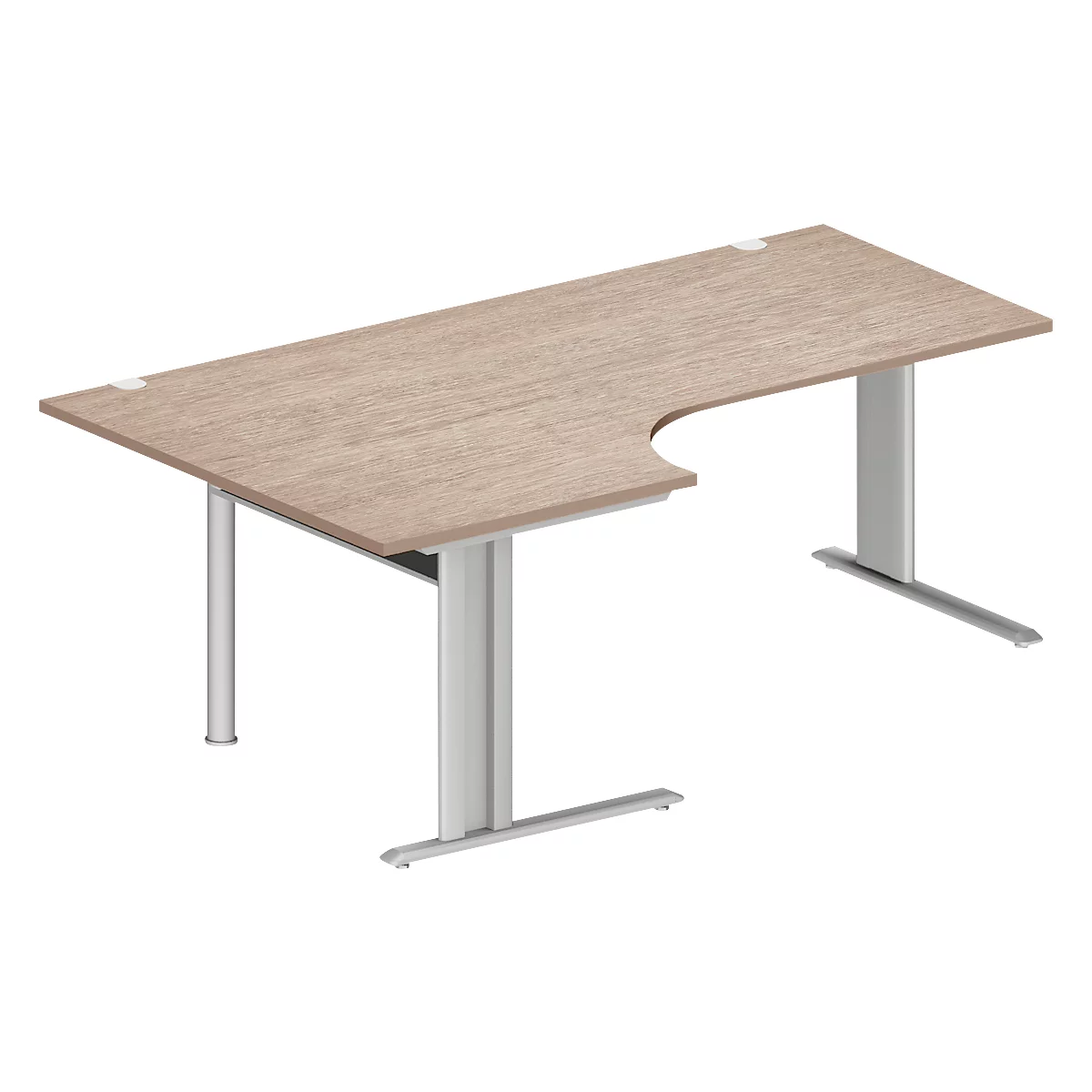 Schäfer Shop Pure Winkelschreibtisch PLANOVA BASIC, 90° Winkel links, C-Fuß, B 2000 x T 1200/800 x H 717 mm, Eiche/weißalu + Kabelkanal