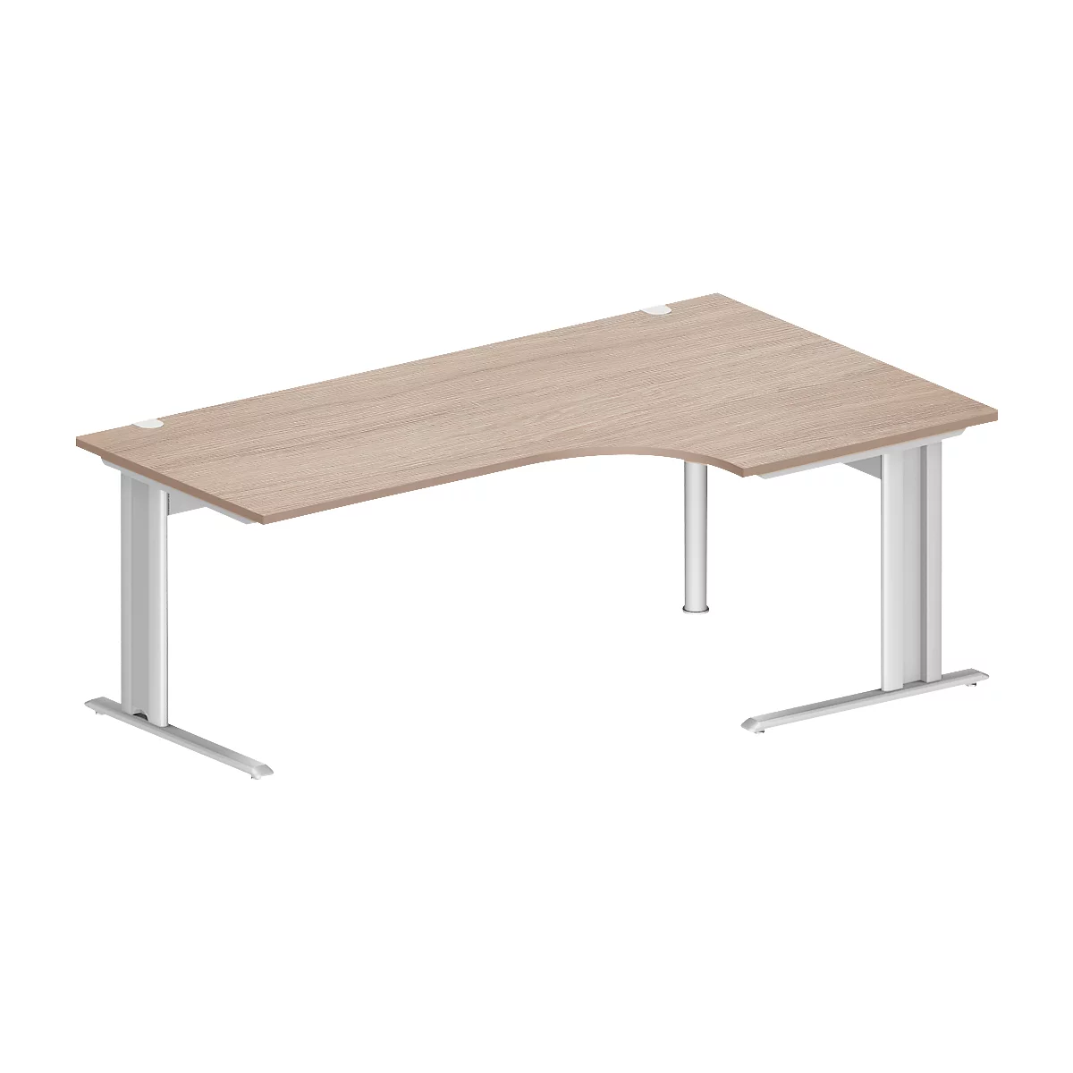 Schäfer Shop Pure Winkelschreibtisch PLANOVA BASIC, 90° Winkel rechts, C-Fuß, B 2000 x T 1200/800 x H 717 mm, Eiche/weiß + Kabelkanal