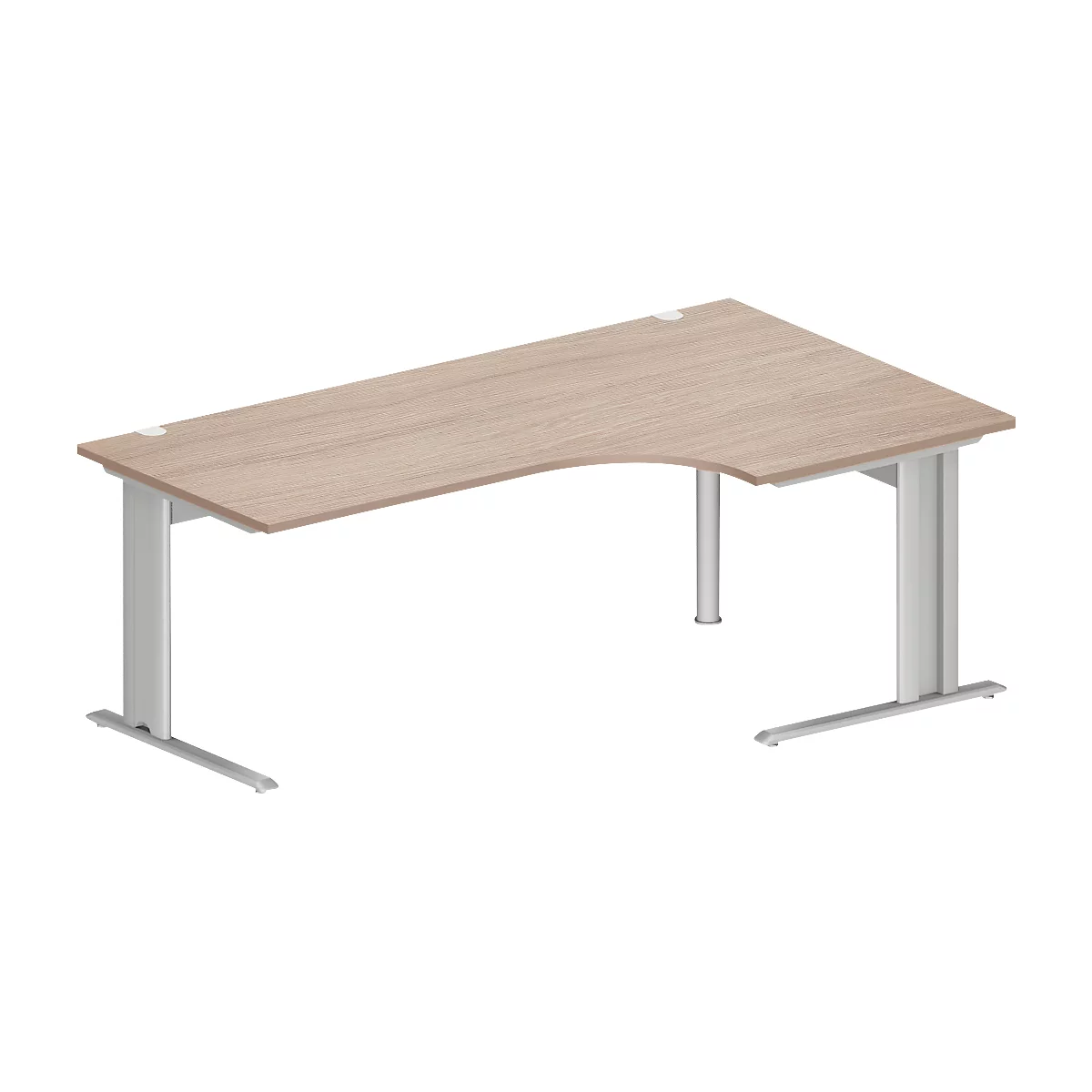 Schäfer Shop Pure Winkelschreibtisch PLANOVA BASIC, 90° Winkel rechts, C-Fuß, B 2000 x T 1200/800 x H 717 mm, Eiche/weißalu + Kabelkanal