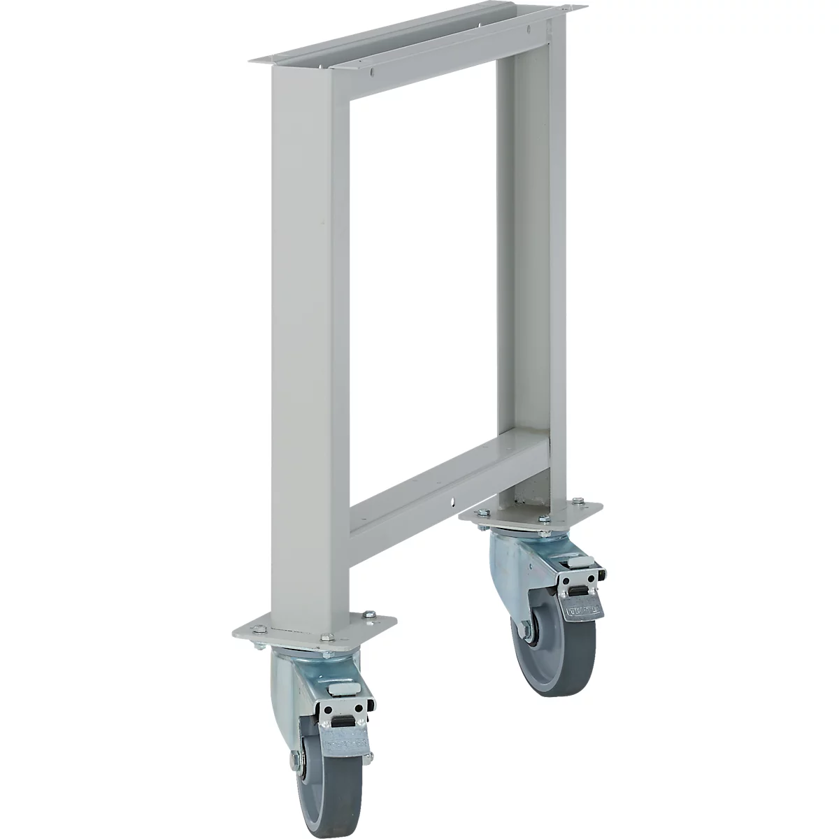 Light gray metal frame with two wheels. There are horizontal surfaces at the top and bottom, the wheels have brakes.