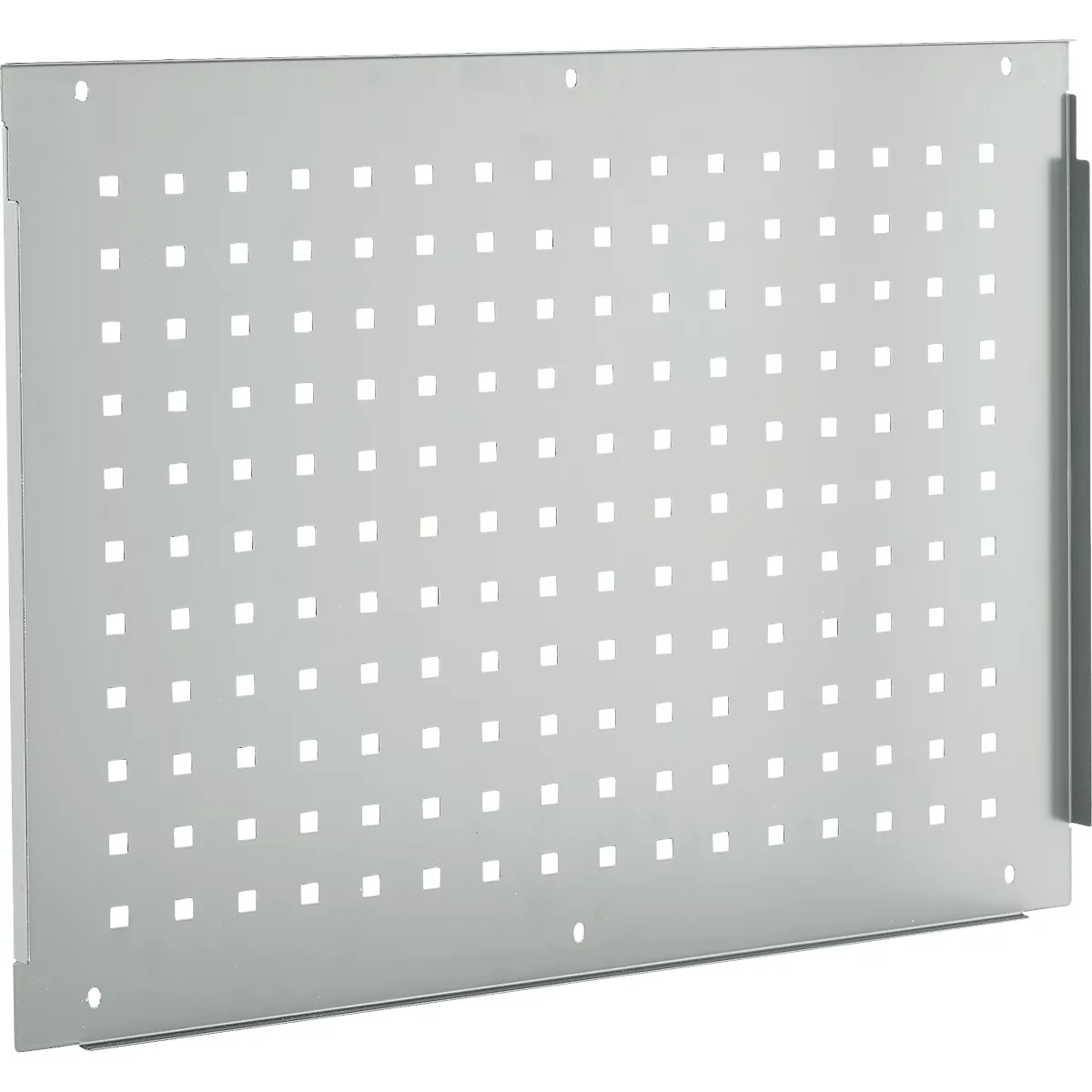 Grijze metalen plaat met veel vierkante gaten. Aan de zijkant is een smalle metalen strip bevestigd.