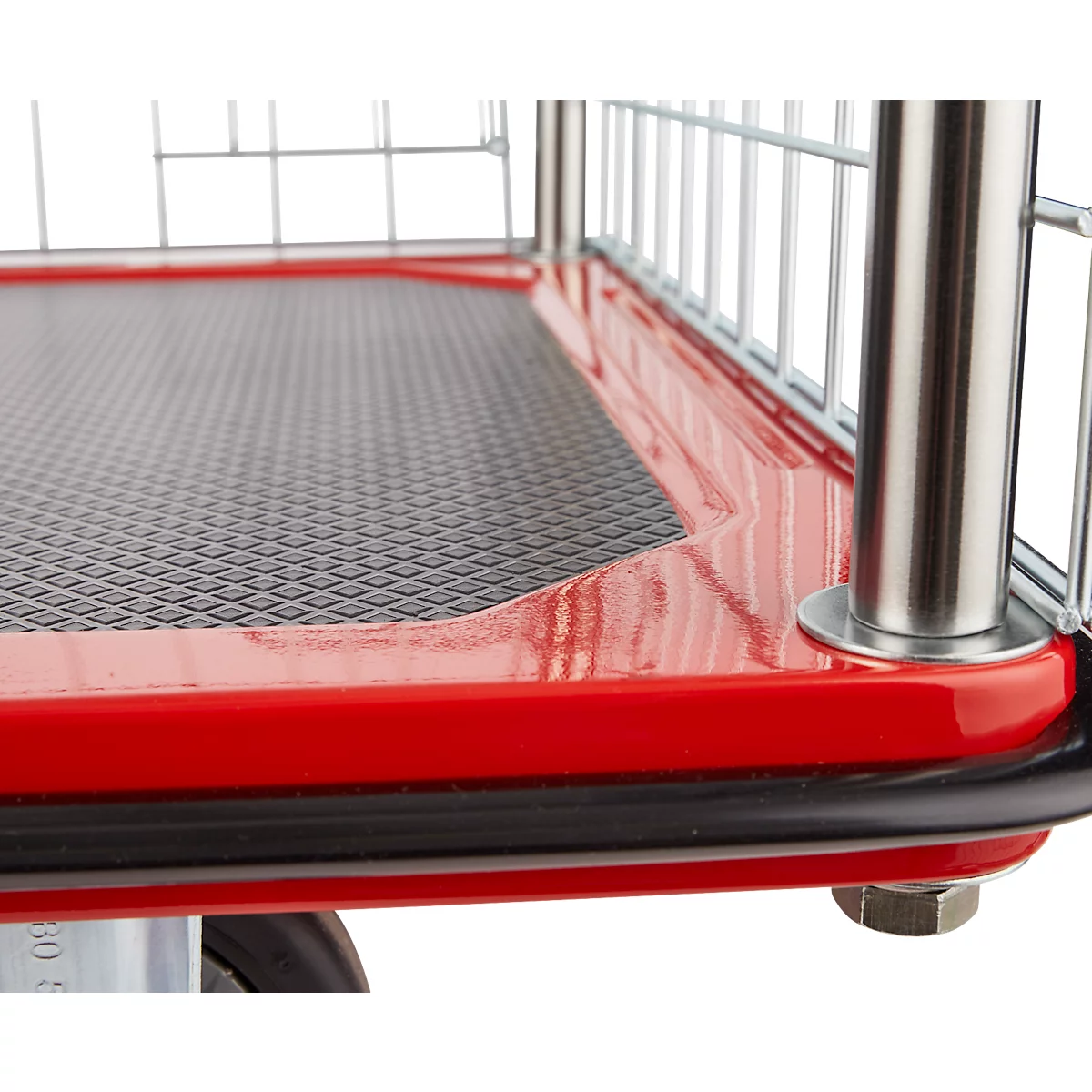 Schäfer Shop Select 213 Premium Plattformwagen mit Gitterrahmen, bis 370 kg, Kantenschutz, Gummimatte, schwarz/rot