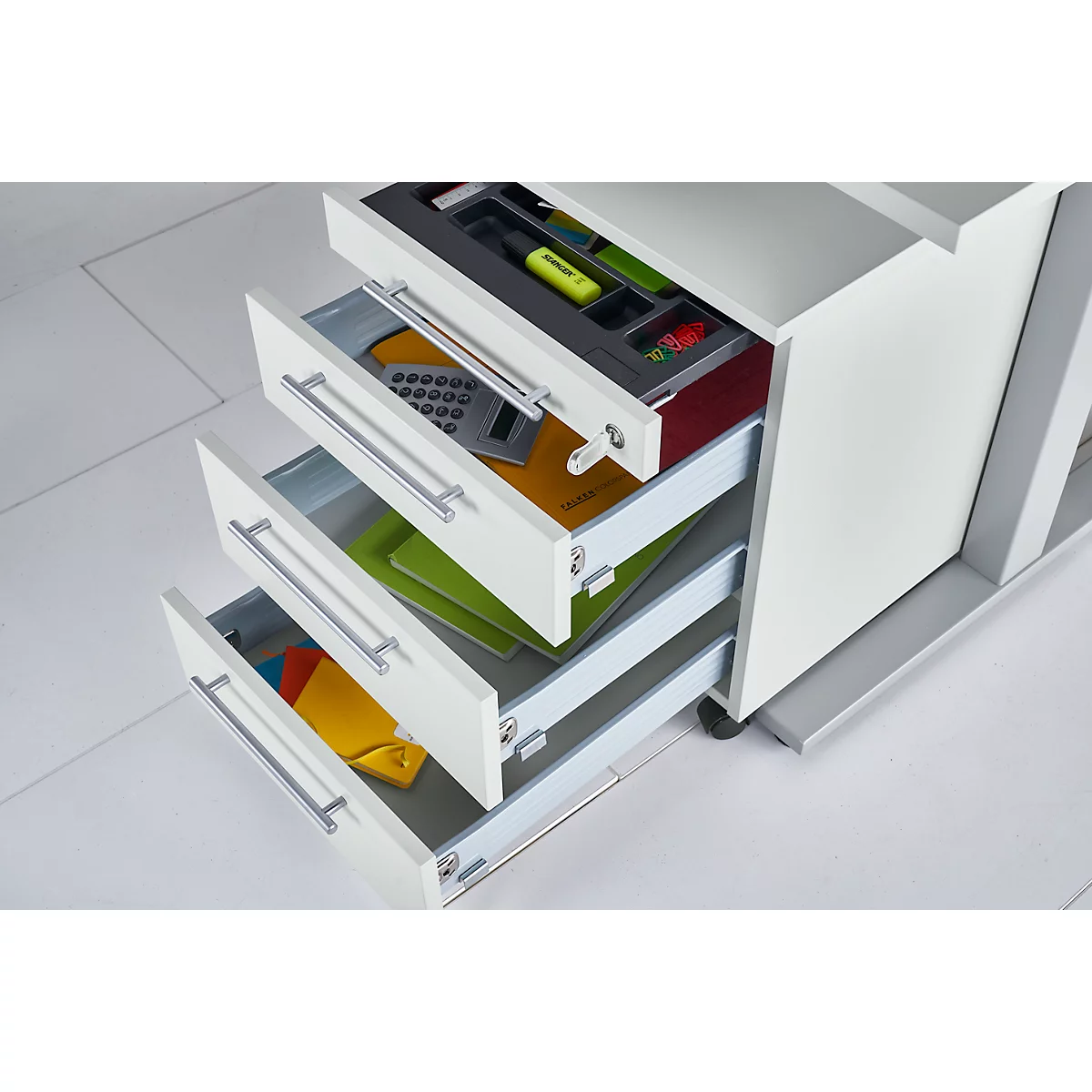 Schäfer Shop Select 3-tlg. Büromöbelset Schreibtisch Start Off, Rechteck, T-Fuß, B 1800 x T 800 x H 735 mm, Ahorn/graphit