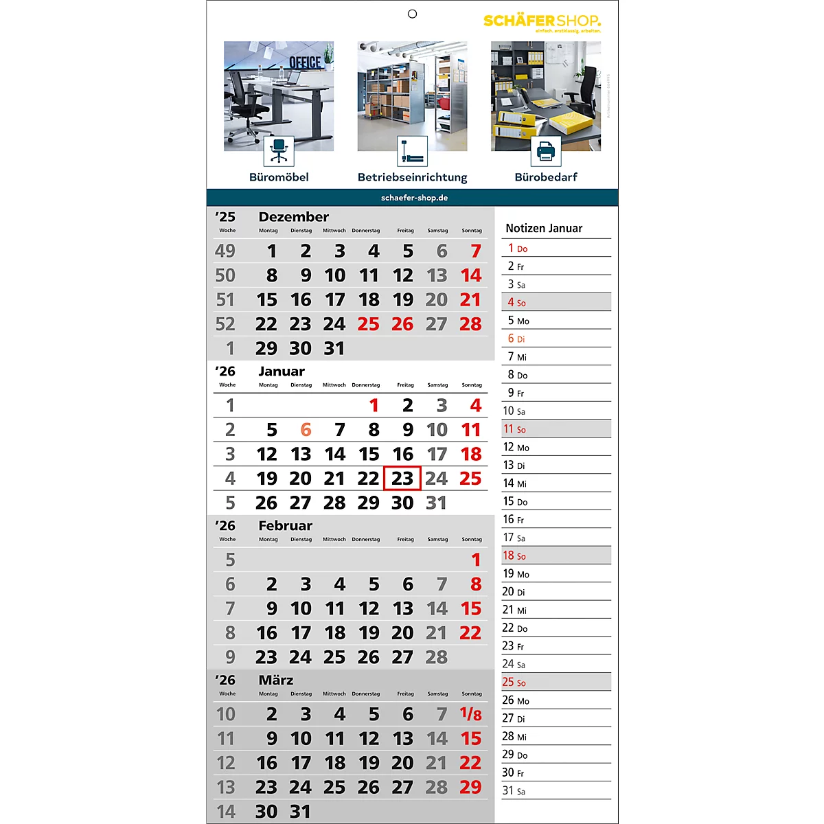 Monatskalender mit rot markierten Daten, Produktfotos oben.