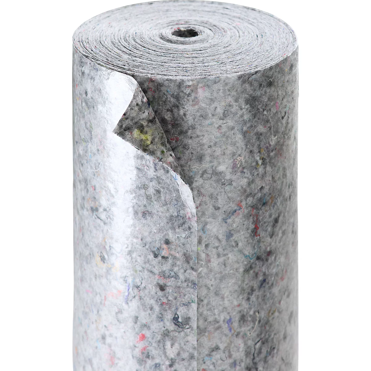 Eine Rolle aus grauem, gesprenkeltem Vliesstoff zur Abdeckung von Bodenflächen.