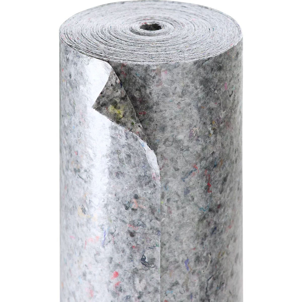 Aufgerollte graue Malervlies-Rolle mit fleckiger Oberfläche.