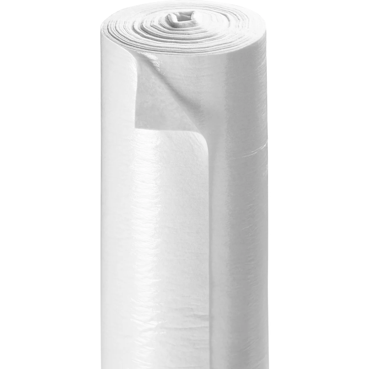 Eine aufrecht stehende, weiße Rolle aus Vliesmaterial, leicht glänzend vor weißem Hintergrund.