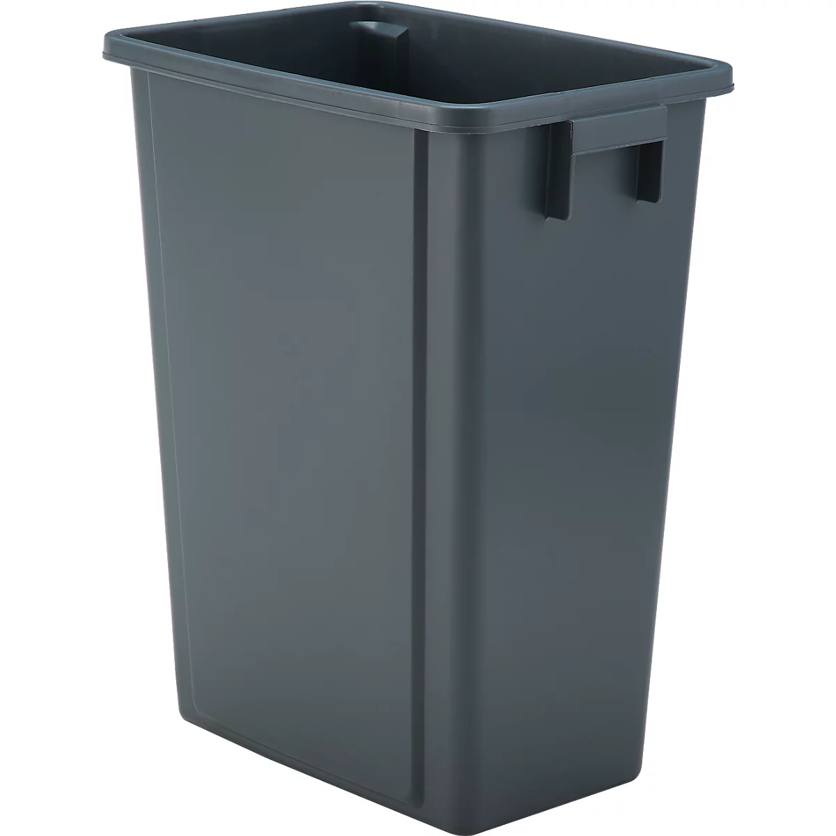 Grauer rechteckiger Mülleimer mit Griffen an den Seiten.