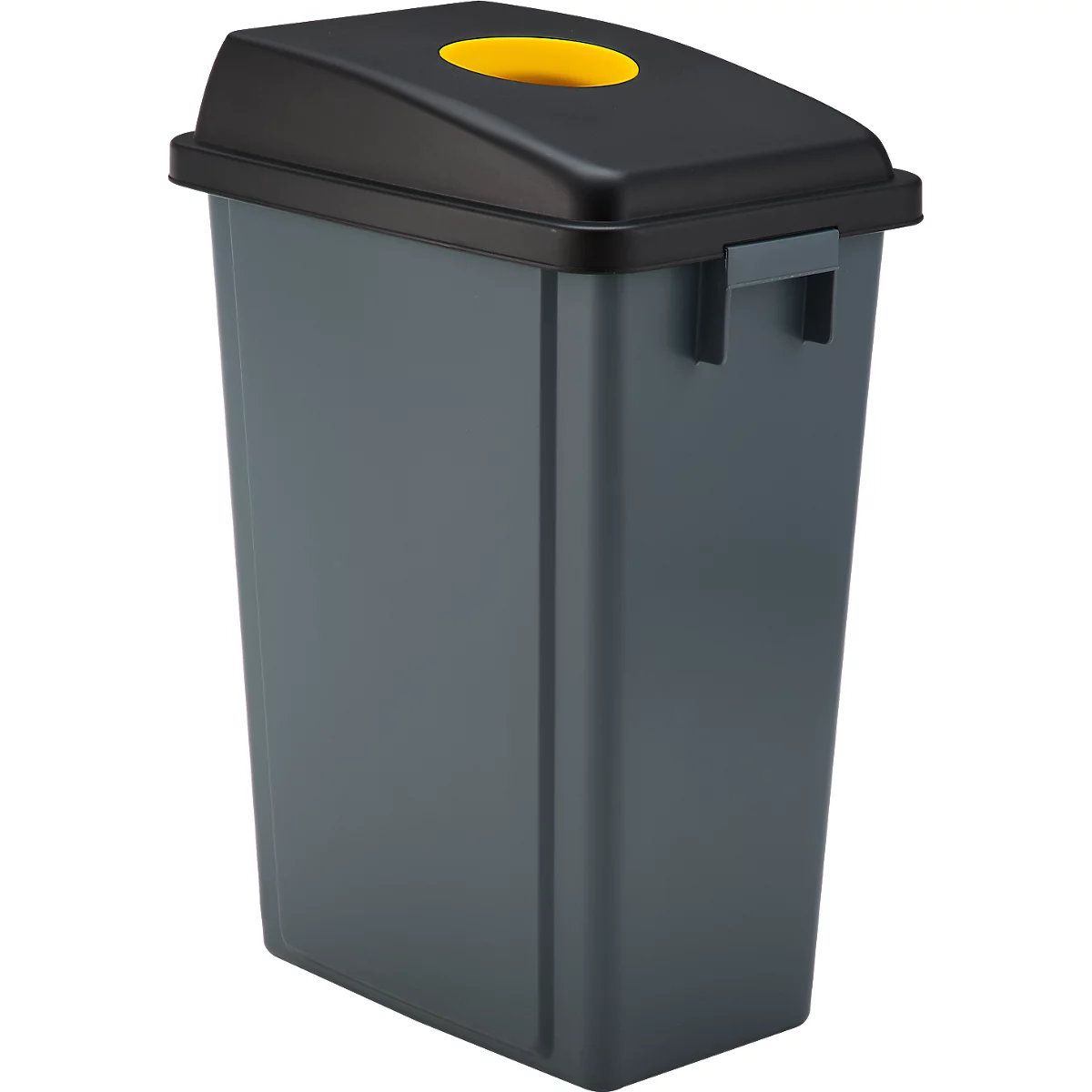 Grauer Mülleimer mit schwarzem Deckel und gelber Öffnung. Der Mülleimer hat einen Griff und steht aufrecht.