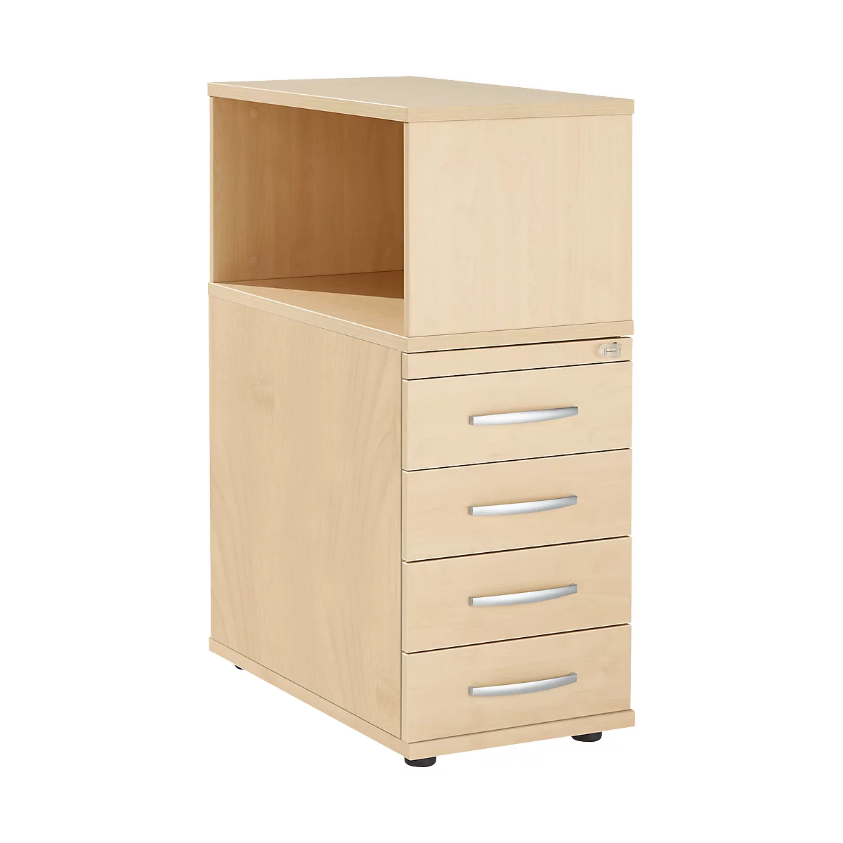 Beige office cabinet with four drawers and an open compartment. Silver metal handles.