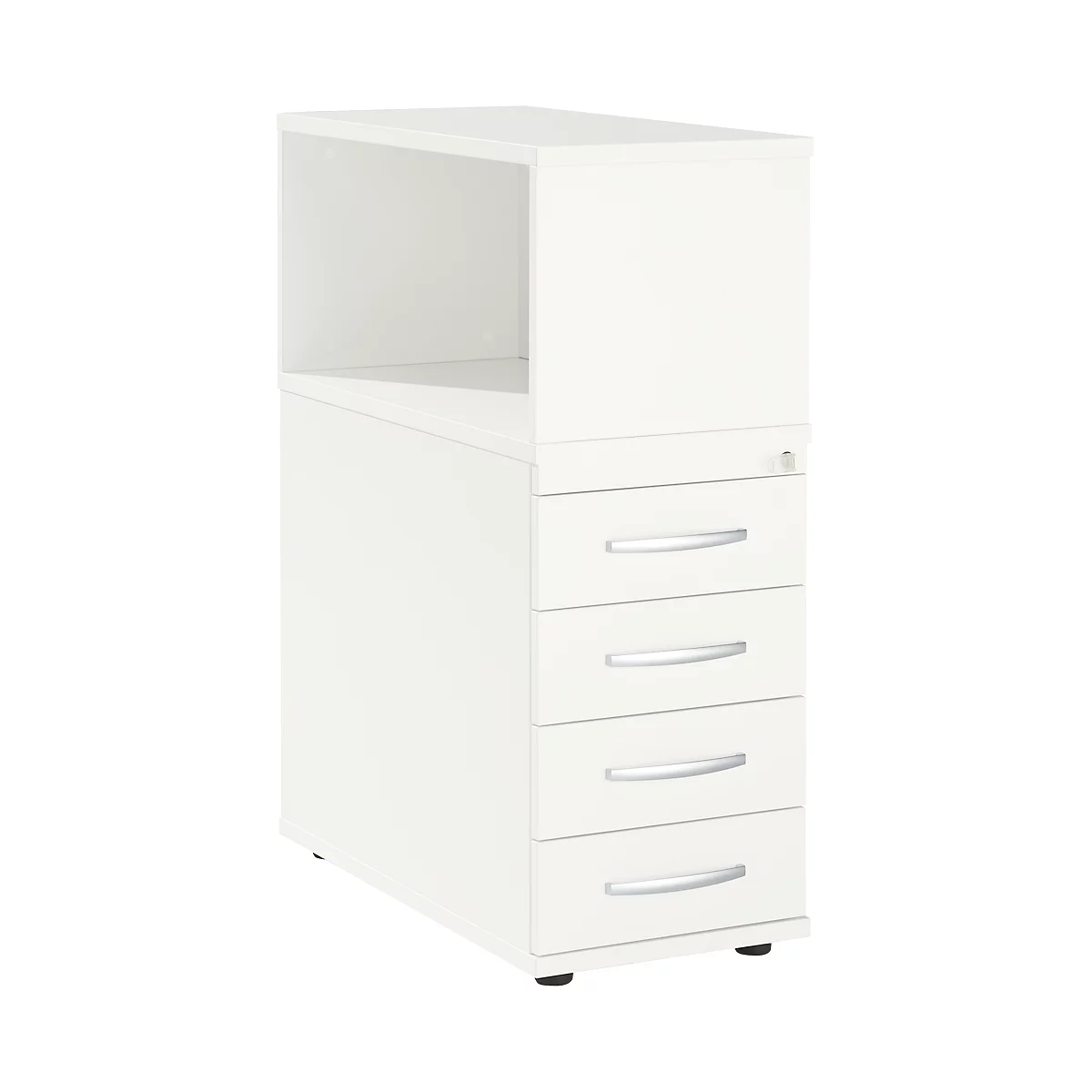 White rolling container with 4 drawers and an open compartment on top. The drawers have silver handles.