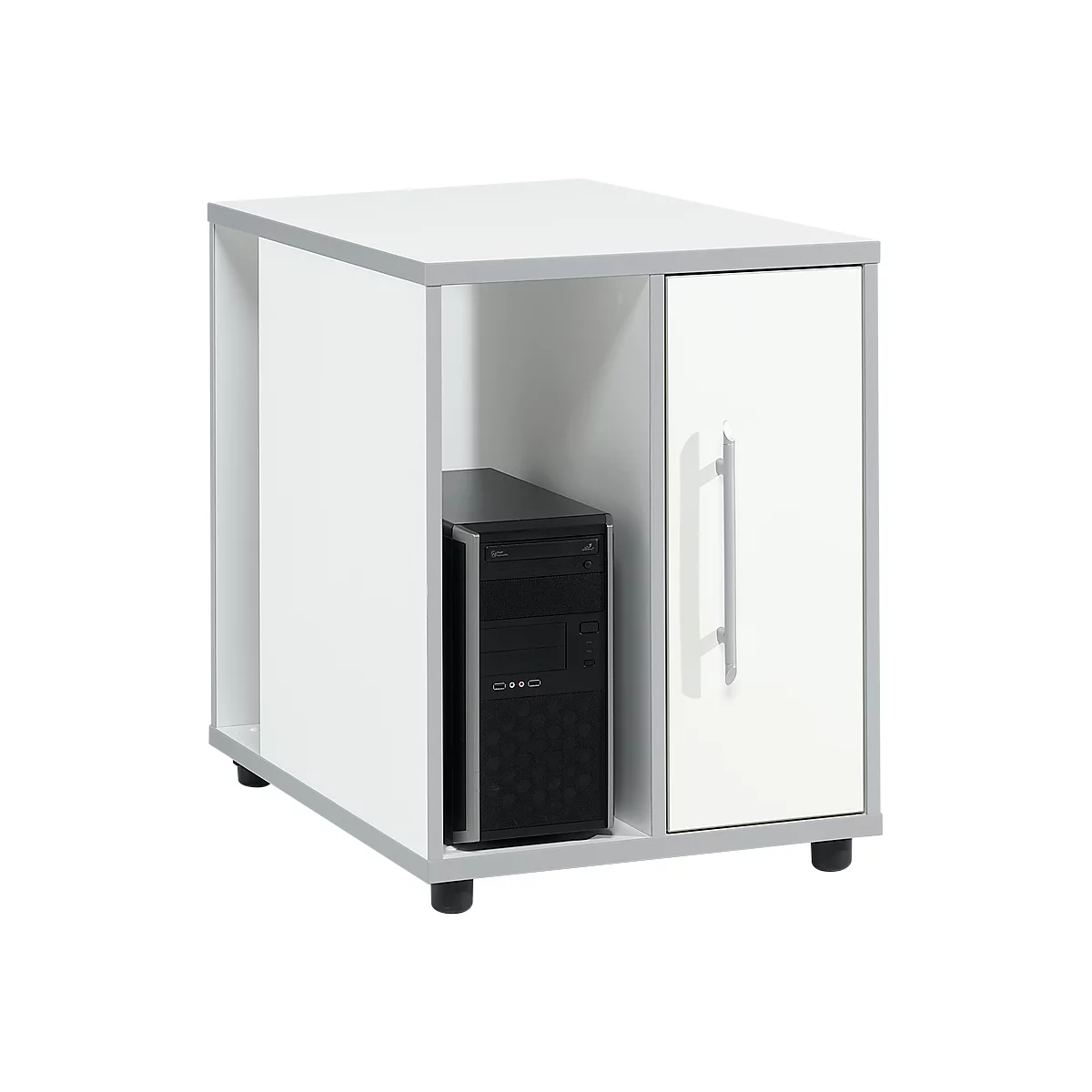 A white computer cabinet with a gray frame. It has a door, a black PC and black legs.