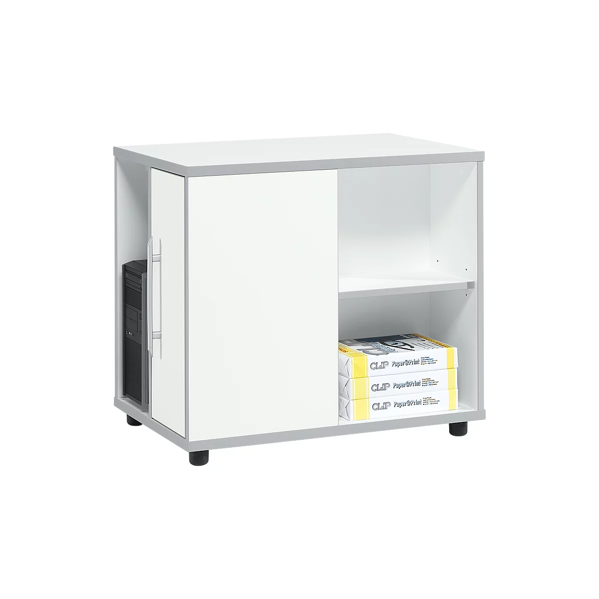 White office cabinet, gray framed, with PC holder, drawer and stack of paper.