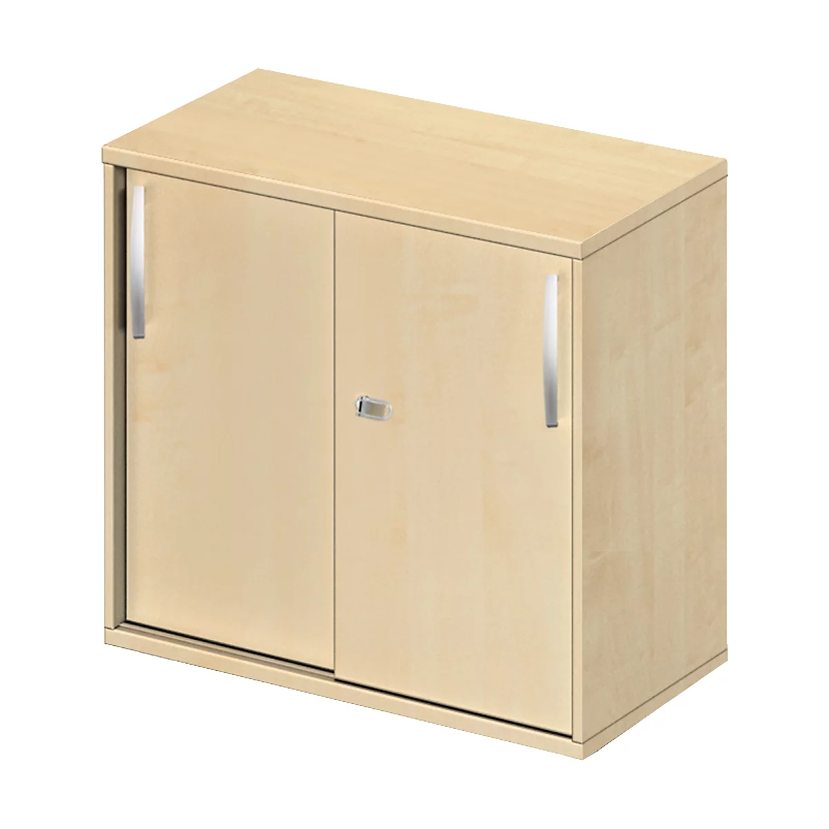Cabinet with two doors. Wooden look, light color, handles and grip.