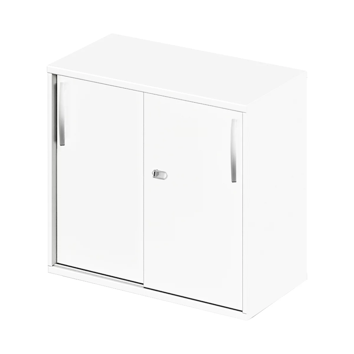 White, rectangular cabinet with two doors. It has silver handles and a silver lock.
