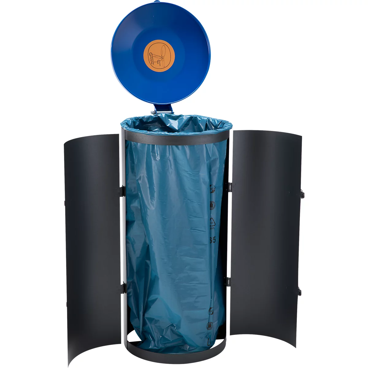 Blauwe vuilnisbak met deksel en vuilniszak, zwarte panelen aan de zijkanten.