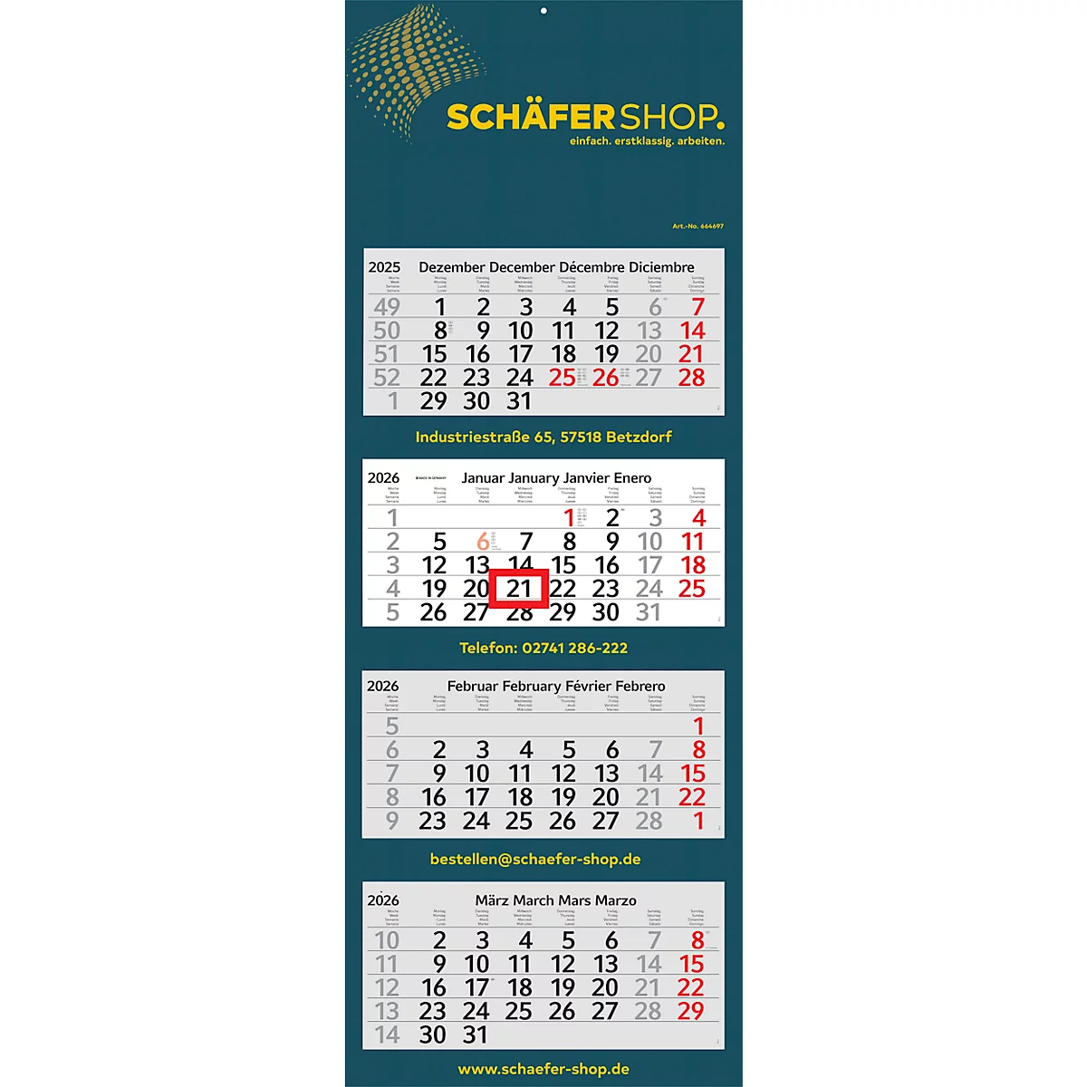 Schäfer Shop Select Agenda 4 mois 2026, calendrier mural, pliable, curseur de date, calendrier pour D/GB/F/NL, jours fériés rouge, L 330 x H 900 mm, papier