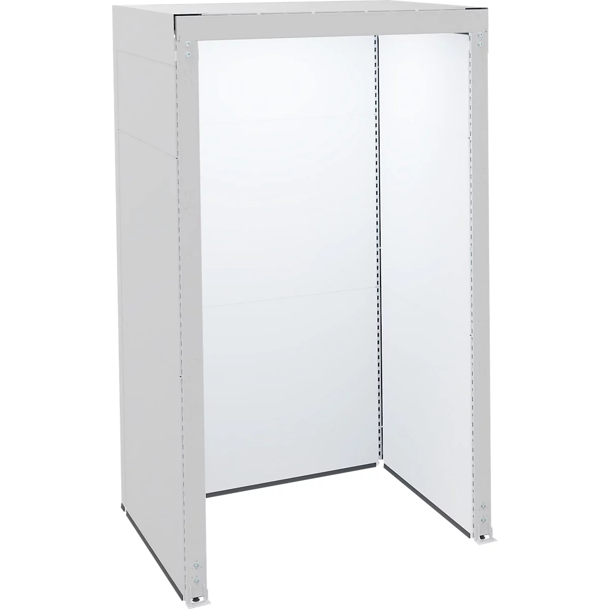 Lichtgrijs metalen frame, open, verticale panelen met klinknagels. Rechthoekige vorm.