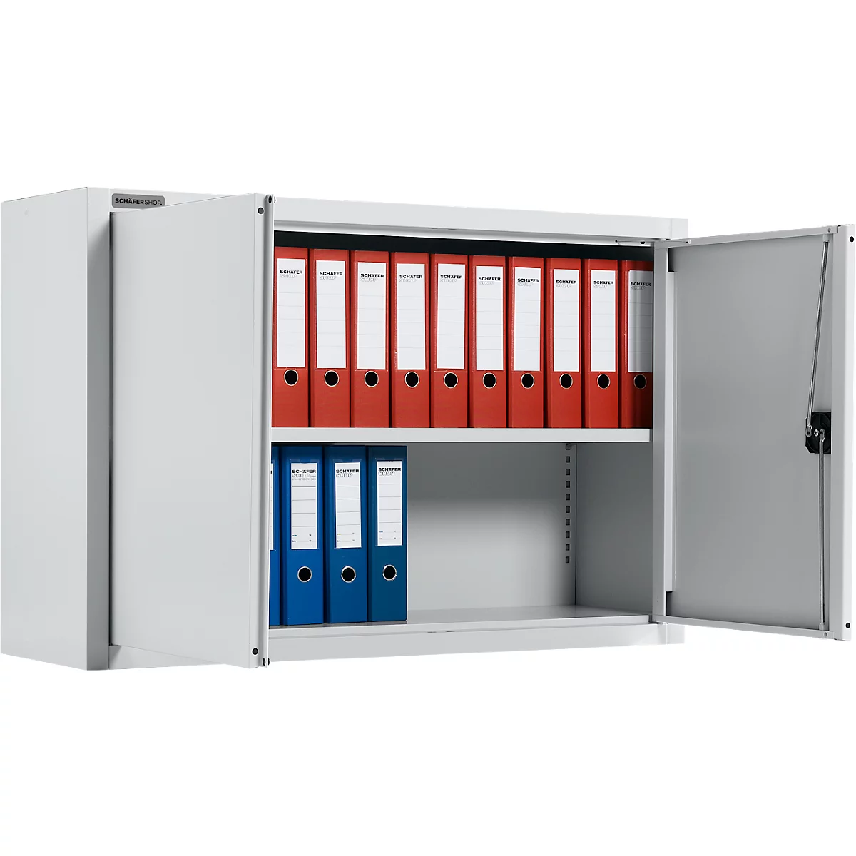 Grauer Stahlschrank, offen, mit roten und blauen Aktenordnern.