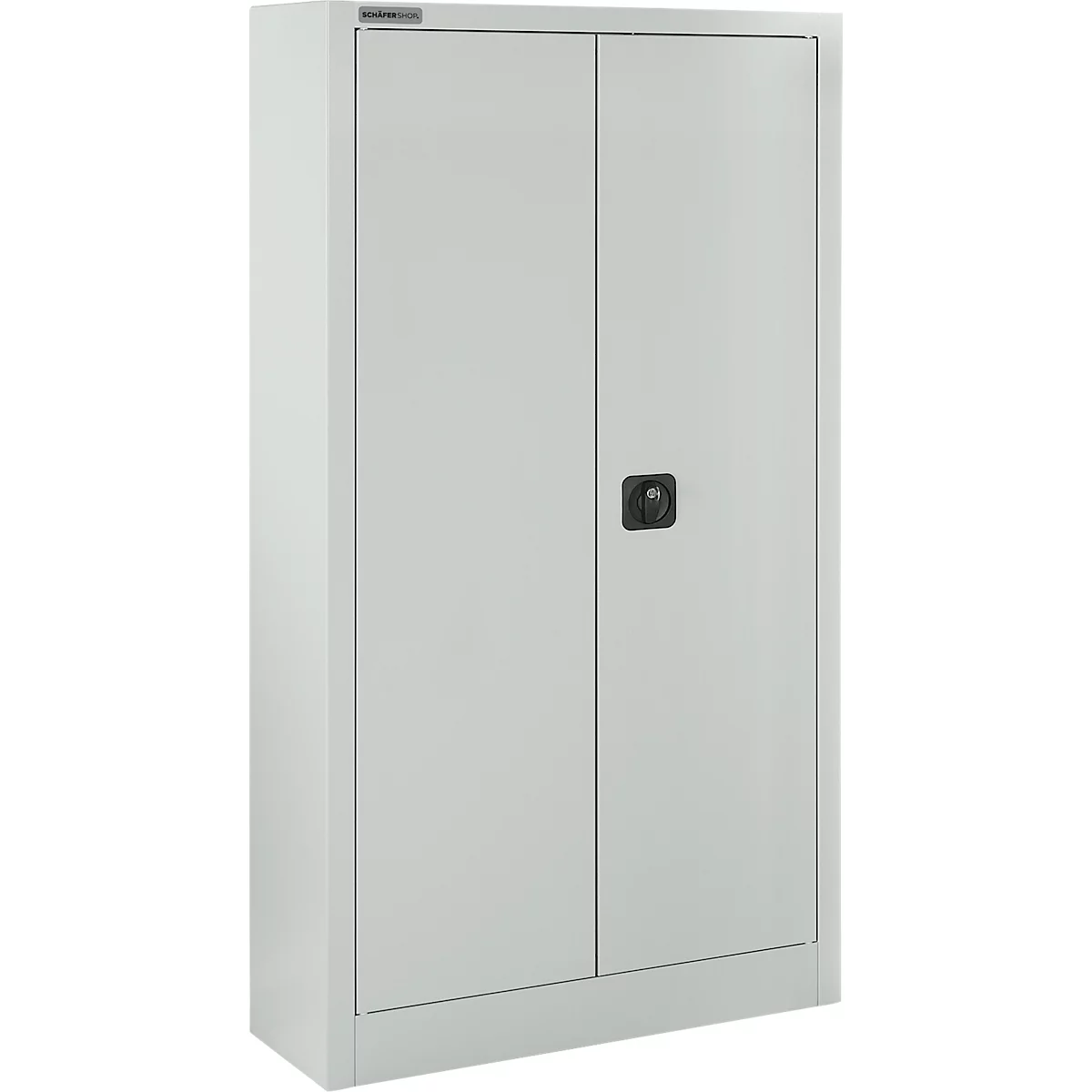 Grauer Stahlschrank mit zwei Türen und einem schwarzen Griff.