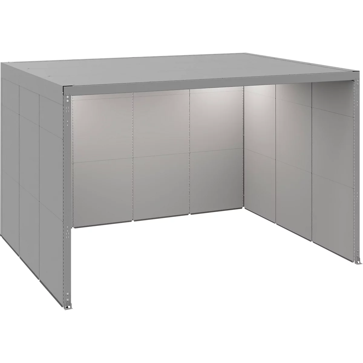 Grauer, offener Tisch mit rechteckiger Form. Er ist aus quadratischen Paneelen gefertigt, mit einer Deckenplatte, die eine Schattenseite bildet.