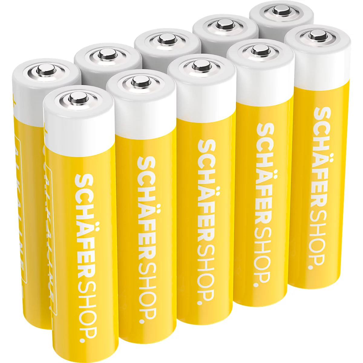 Yellow batteries with white lid and lettering SCHÄFERSHOP.