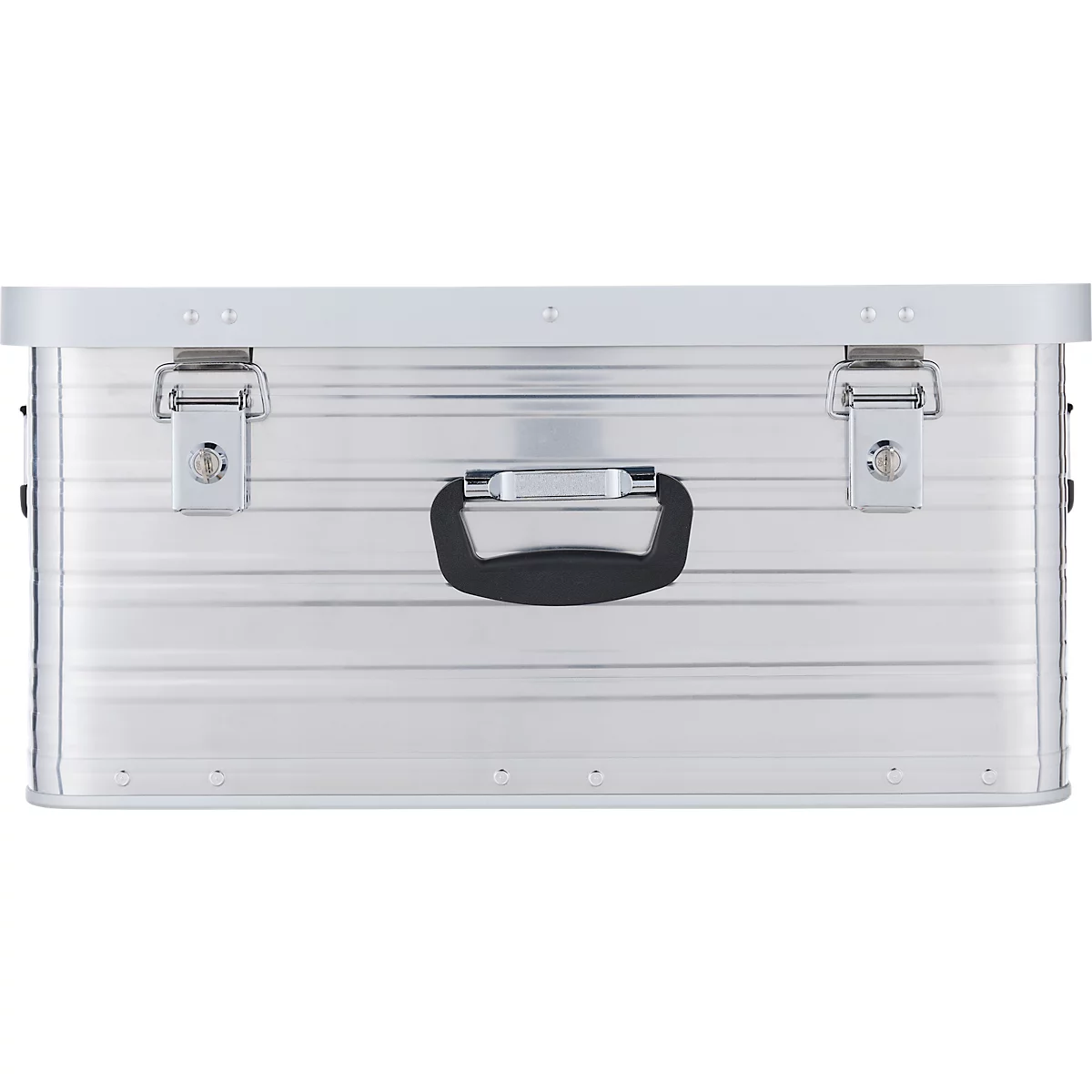 Aluminiumkiste, silberfarben, mit schwarzem Griff und zwei Verschlüssen.