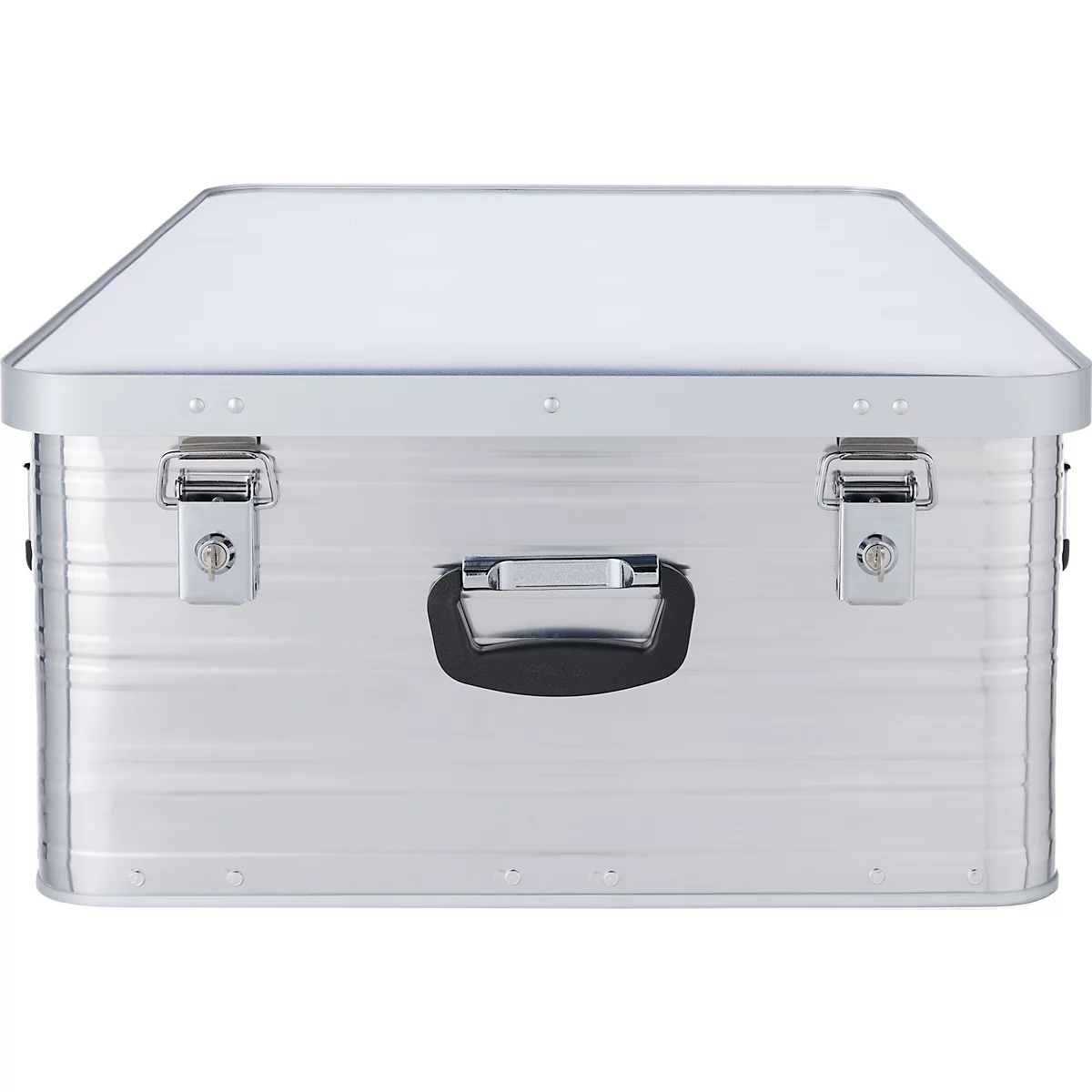 Silberne Transportbox mit Deckel, schwarzen Griff und zwei Verschlüssen.