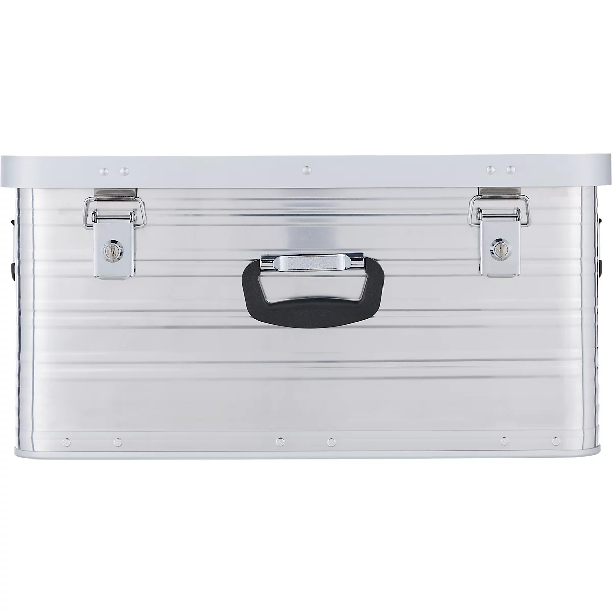Eine silberne Aluminiumbox mit schwarzem Griff und zwei Verschlüssen.
