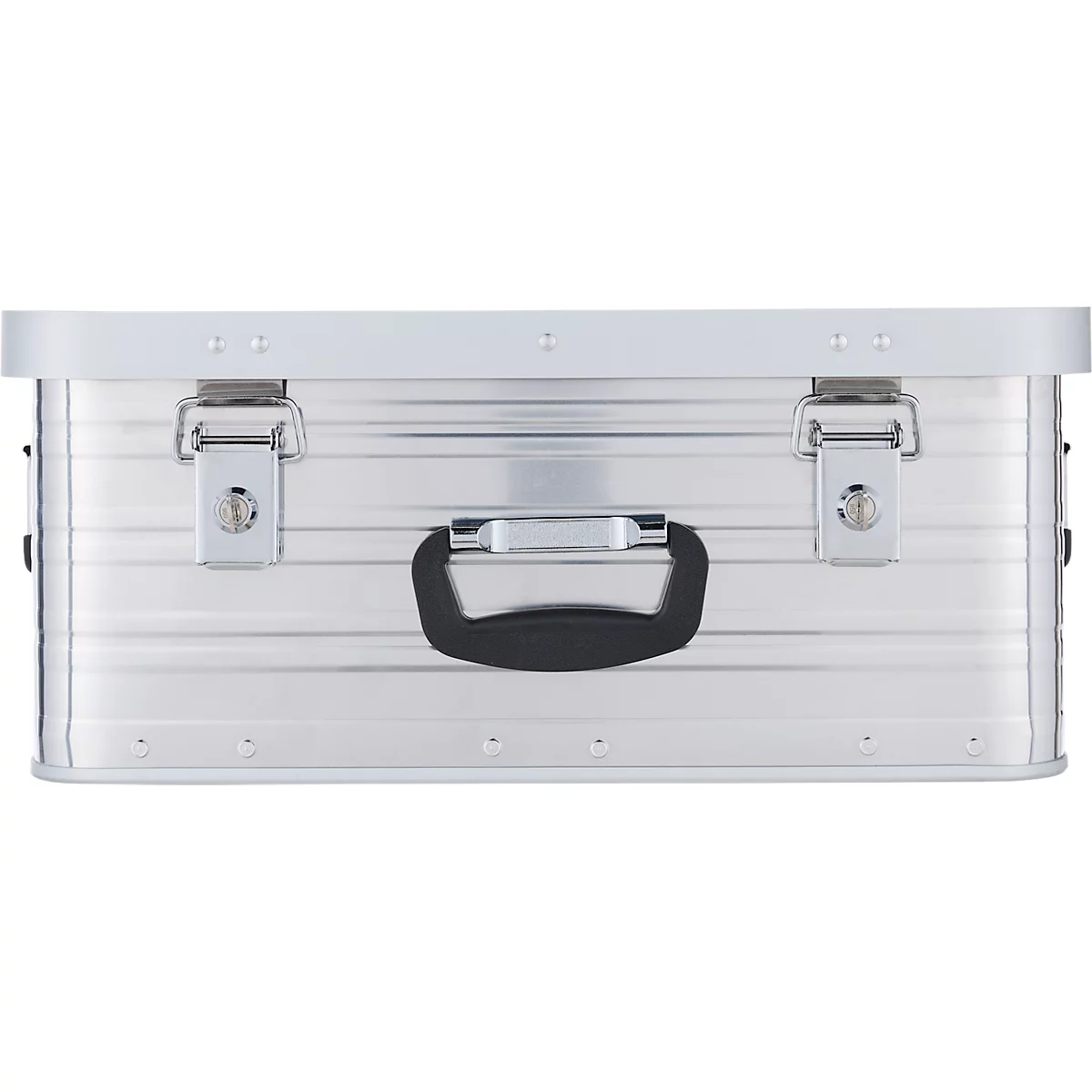Silberne Aluminiumbox mit schwarzem Griff und silbernen Verschlüssen.