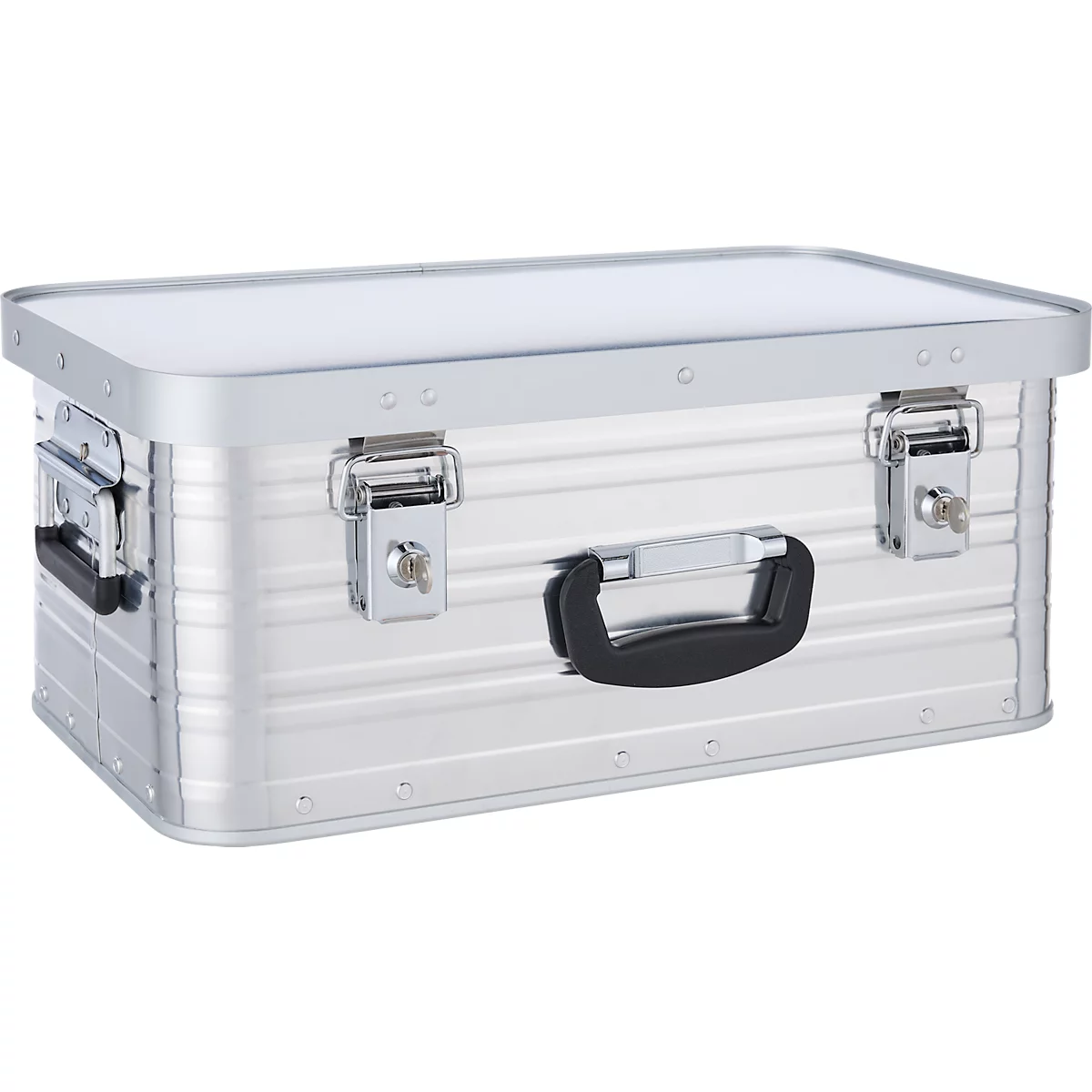 Silberne Transportbox, rechteckig, mit schwarzem Griff und silbernen Verschlüssen.