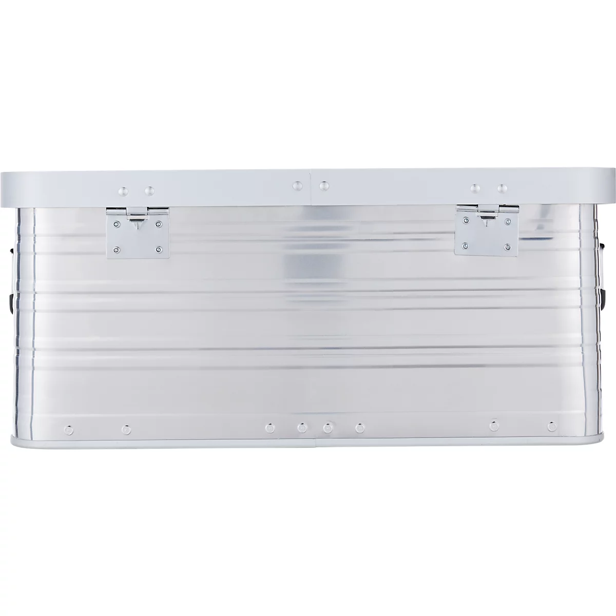 Detailansicht einer silberfarbenen, geriffelten Aluminiumbox mit zwei Scharnieren und einem Verschluss.