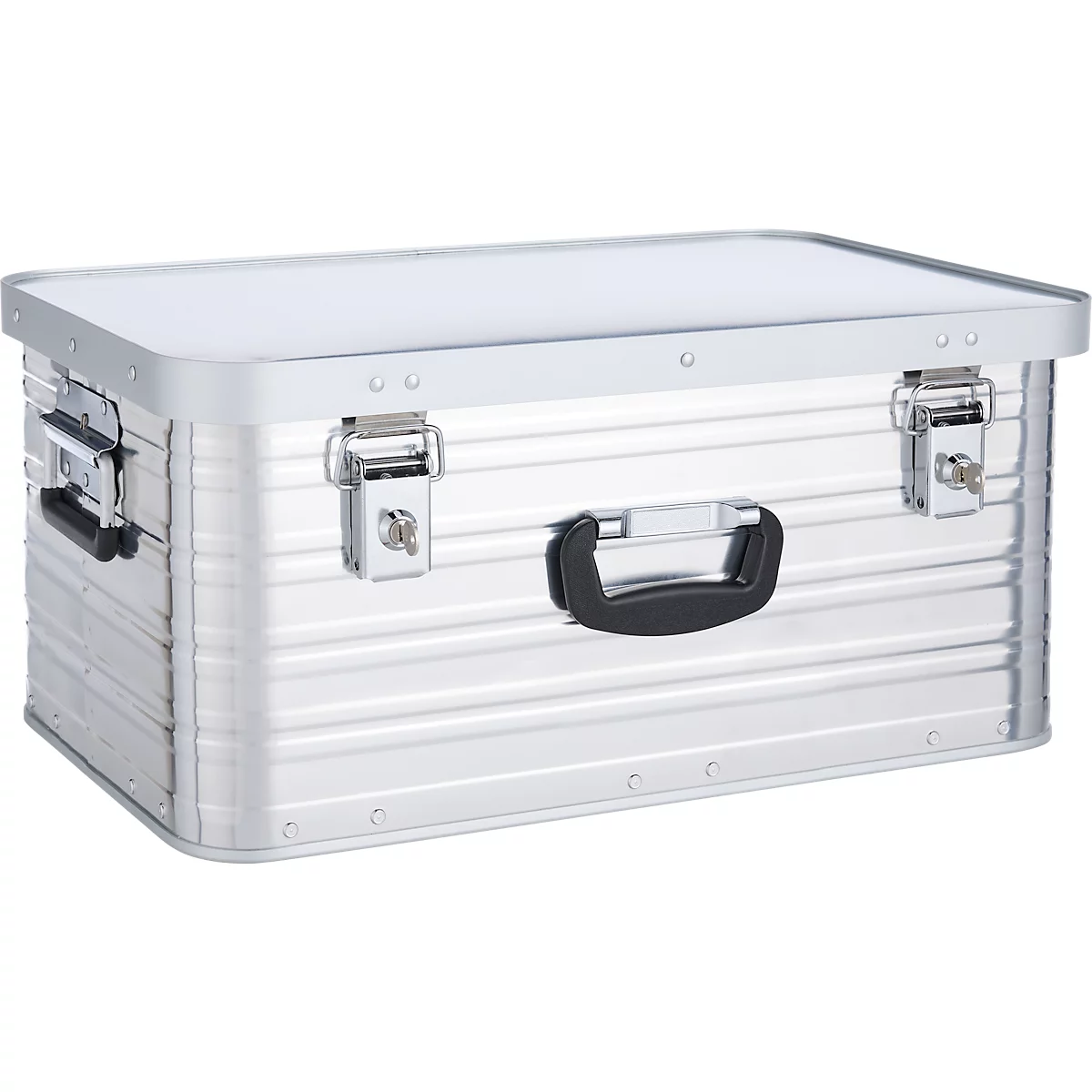 Silberne Aluminiumbox mit Deckel, schwarzen Griff und zwei silbernen Verschlüssen.